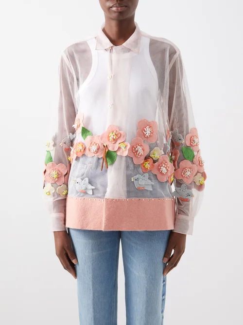 Bluebird And Floral Appliqués Tulle Shirt - Womens - Pink Multi