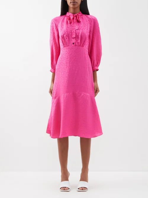Daria Pussybow Jaquard Midi Dress - Womens - Pink