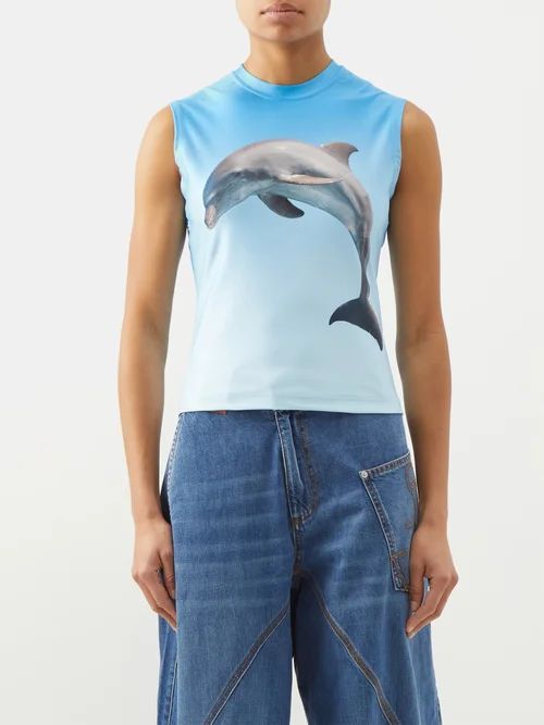Dolphin-print Jersey Tank Top - Womens - Blue Print