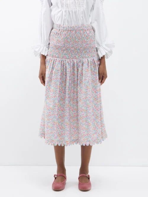 Isa Meadowland-print Smocked Cotton-poplin Skirt - Womens - Multi