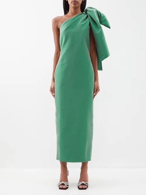 Josselin Bow-shoulder Taffeta Dress - Womens - Dark Green