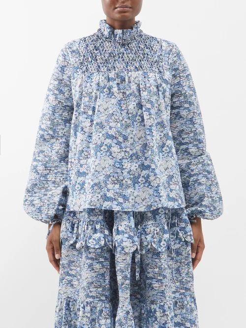 Lucia Floral-print Cotton Blouse - Womens - Blue Multi