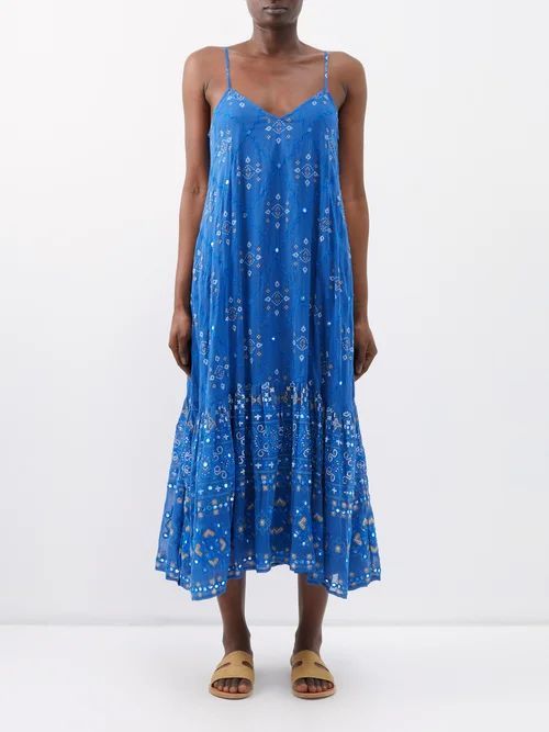Mosaic-print Cotton Midi Dress - Womens - Dark Blue
