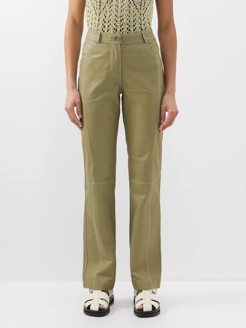 Panelled Leather Trousers - Womens - Olive