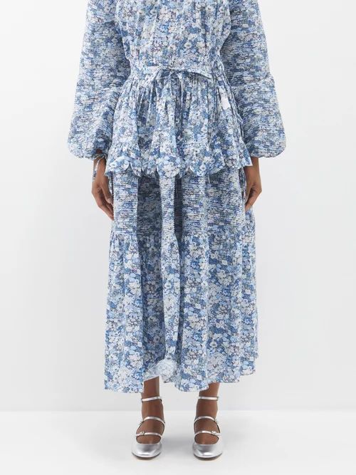 Paula Floral-print Tiered Cotton Midi Skirt - Womens - Blue Multi