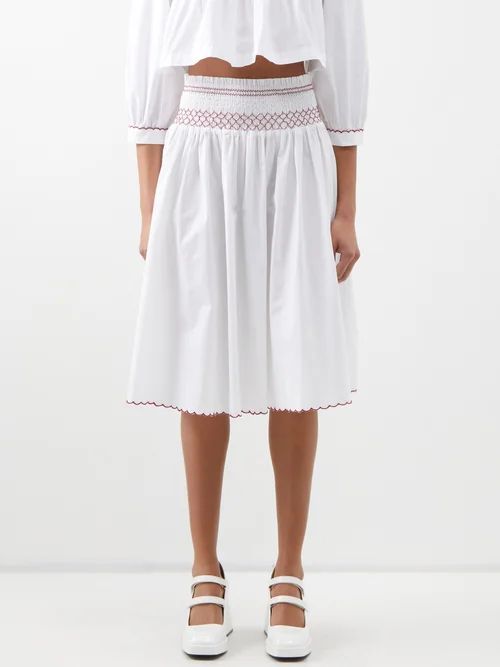 Smocked Cotton Midi Skirt - Womens - White Red