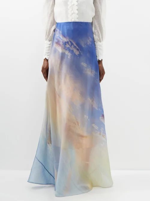 Tama Flare Cloud-print Silk-satin Skirt - Womens - Blue Multi