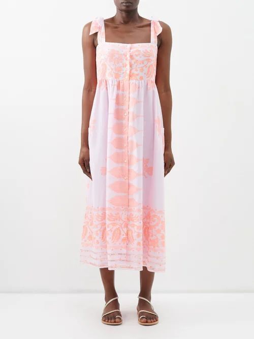 Tie-shoulder Printed Cotton Midi Dress - Womens - Pink Orange