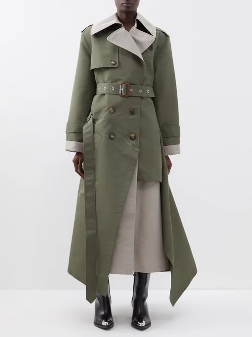 Asymmetric Belted Faille Trench Coat - Womens - Khaki