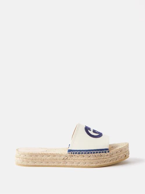 Interlocking Gg Canvas Espadrille Slides - Womens - Navy White