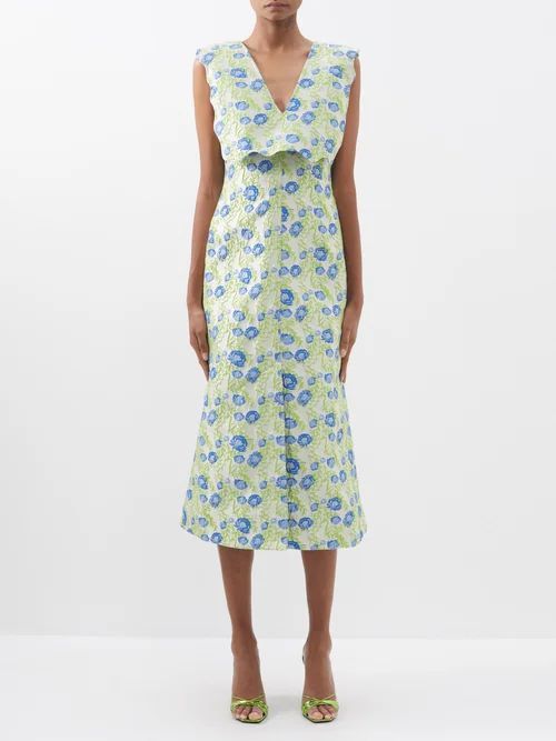 Floral-jacquard Recycled-fibre Blend Dress - Womens - Green Multi