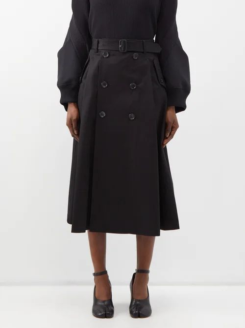 Belted Cotton Midi Skirt - Womens - Black