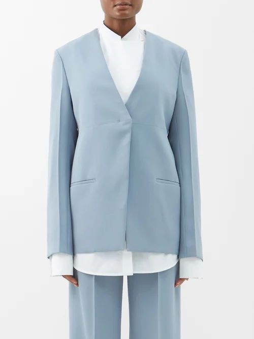 Collarless Panelled Wool Jacket - Womens - Light Blue