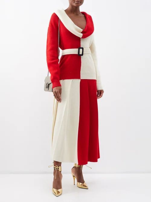 Colour-block Pleated Wool Midi Skirt - Womens - Red Cream