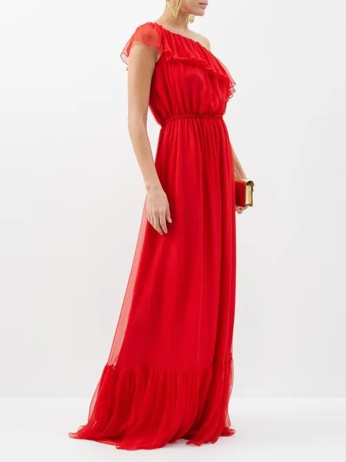 One-shoulder Ruffled Silk-chiffon Gown - Womens - Red