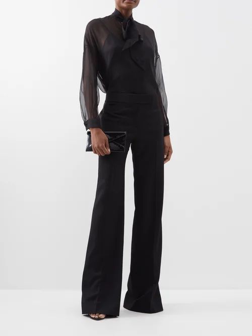 Wide-leg Wool Grain-de-poudre Tuxedo Trousers - Womens - Black