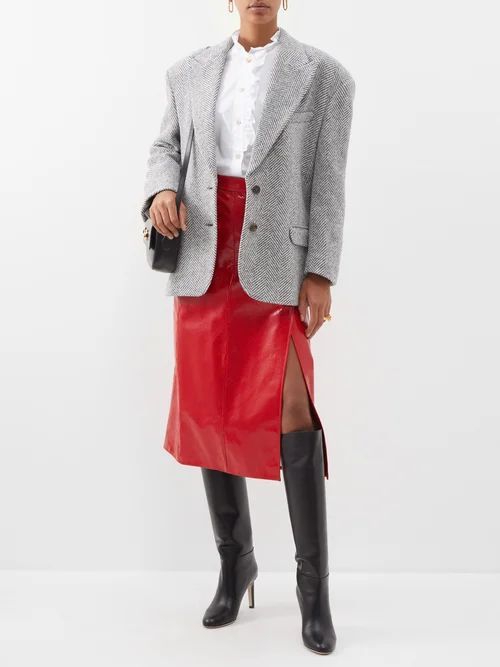 Side-slit Snake-embossed Leather Pencil Skirt - Womens - Red