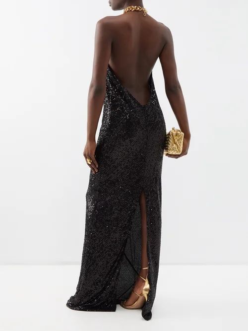 Chain-halterneck Sequinned Gown - Womens - Black