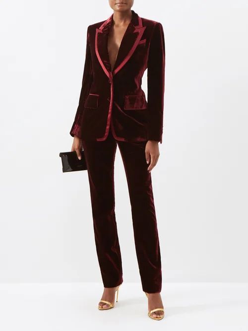 Single-breasted Velvet Suit Jacket - Womens - Burgundy