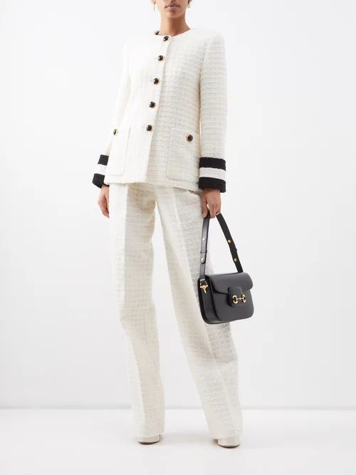 Collarless Button-front Cotton-blend Tweed Jacket - Womens - Cream Black