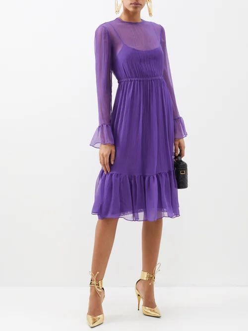 Pleated Silk-chiffon Midi Dress - Womens - Purple