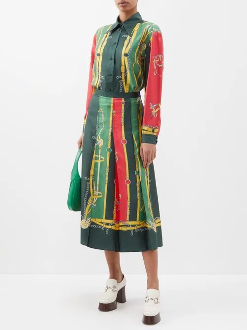 Harness And Double G-print Silk Midi Skirt - Womens - Green Multi