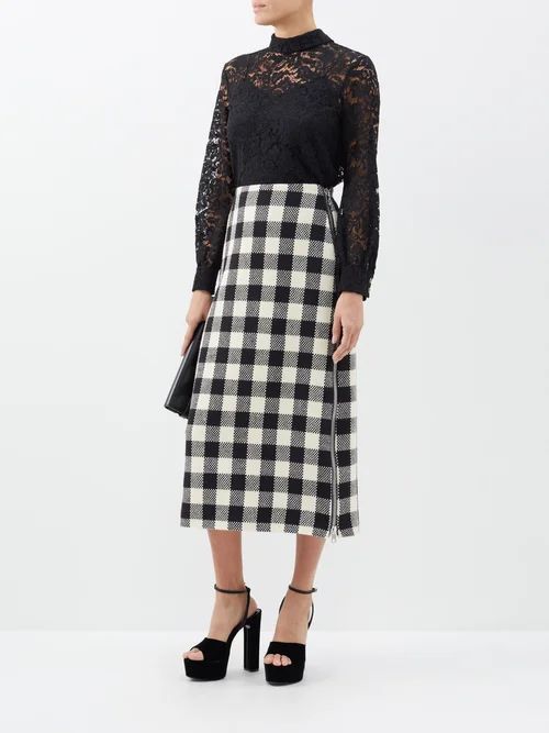 Checked Wool Midi Skirt - Womens - Black Cream