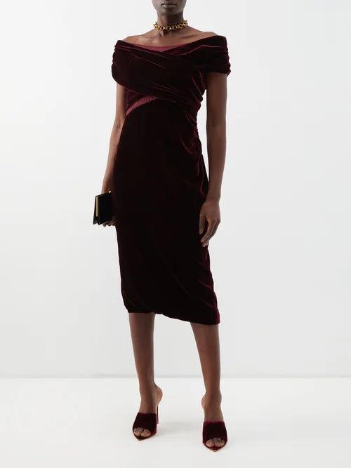 Mesh-panelled Off-the-shoulder Velvet Midi Dress - Womens - Oxblood