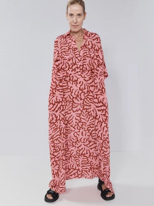 Coral-print Silk Giant Shirt Dress - Womens - Coral