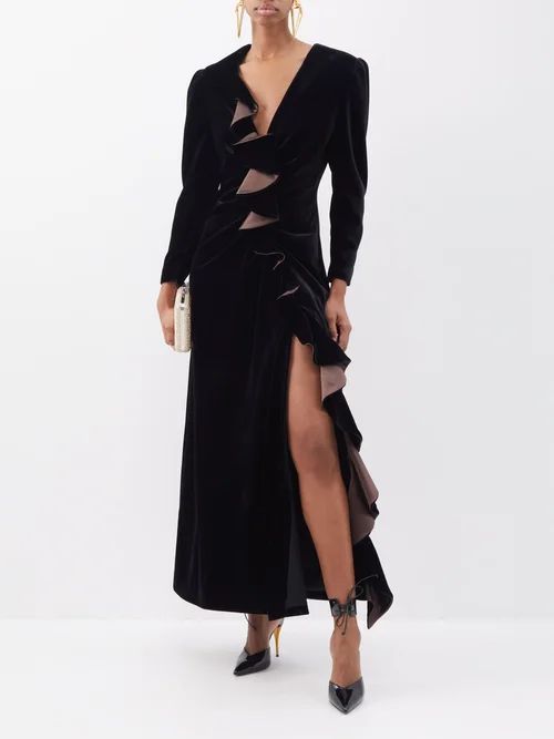 Ruffle-trim Velvet Maxi Dress - Womens - Black
