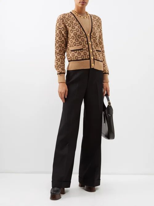 Horsebit-chain Jacquard Wool-blend Cardigan - Womens - Brown Multi