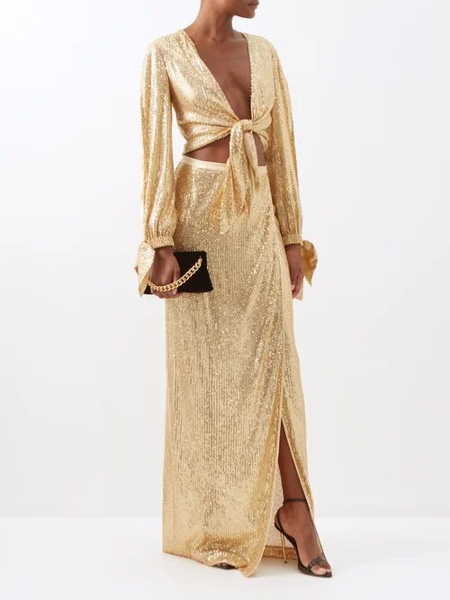 Side Slit Sequinned Maxi Skirt - Womens - Gold