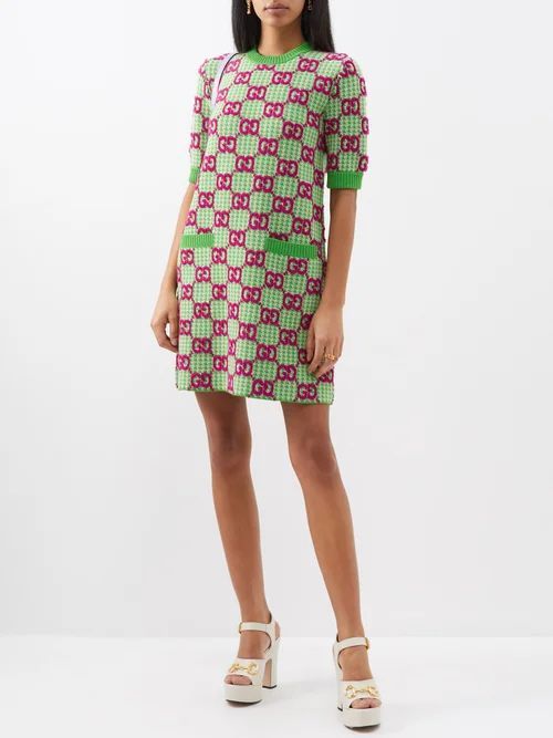 GG-bouclé Houndstooth-wool Mini Dress - Womens - Green Multi