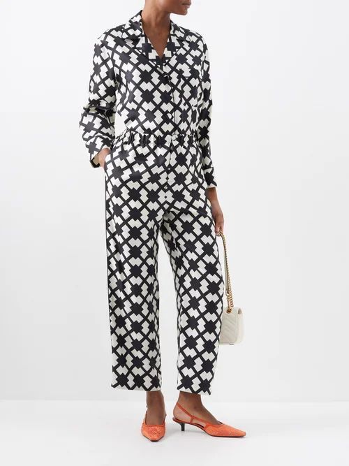 Rhombus-print Elasticated Silk-twill Trousers - Womens - Black White