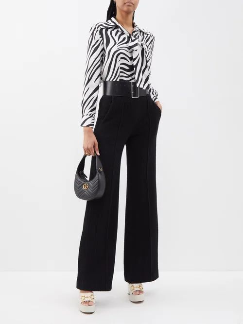 Zebra-print Pussy-bow Silk-twill Blouse - Womens - Black White
