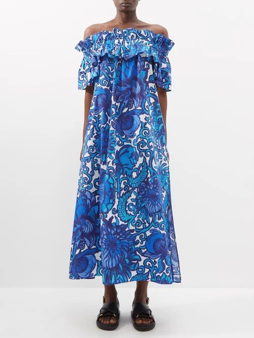 Breakfast Floral-print Cotton-poplin Midi Dress - Womens - Blue Print