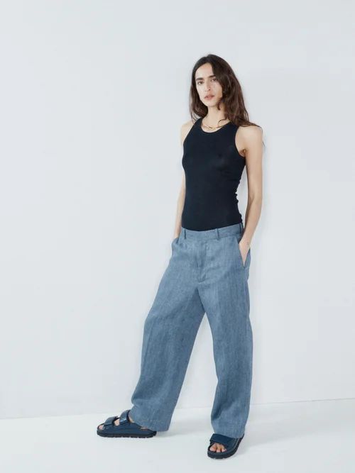 Cropped Linen Wide-leg Trousers - Womens - Indigo