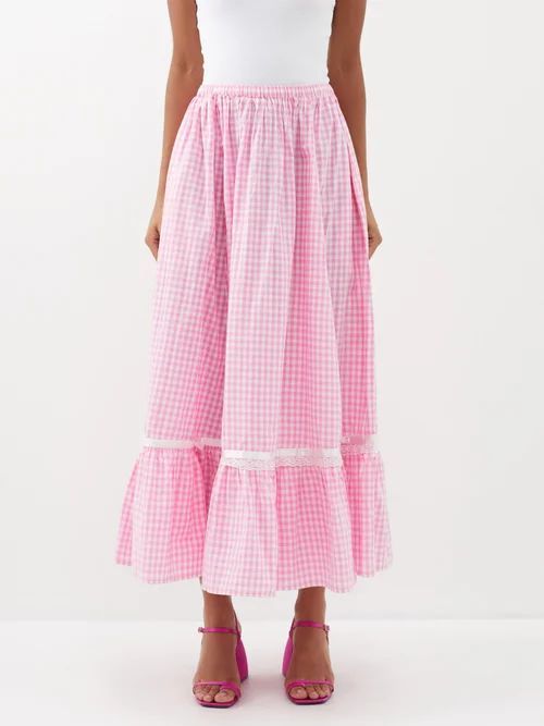 Hilma Cotton-gingham Midi Skirt - Womens - Pink White
