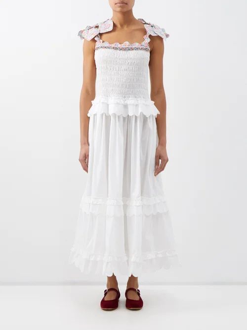 Katie Shoulder-tie Shirred Cotton Midi Dress - Womens - White Multi