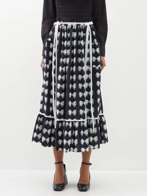 Kipp Antique-bow Cotton Printed Midi Skirt - Womens - Black White