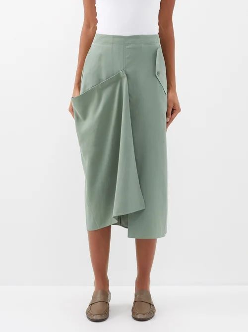 Lancaster Draped-panel Twill Midi Skirt - Womens - Light Green