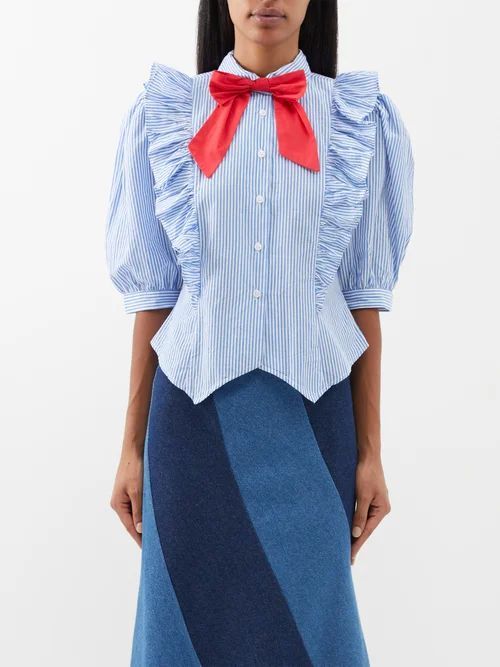 Moon Striped Bowtie Cotton-poplin Blouse - Womens - Blue White