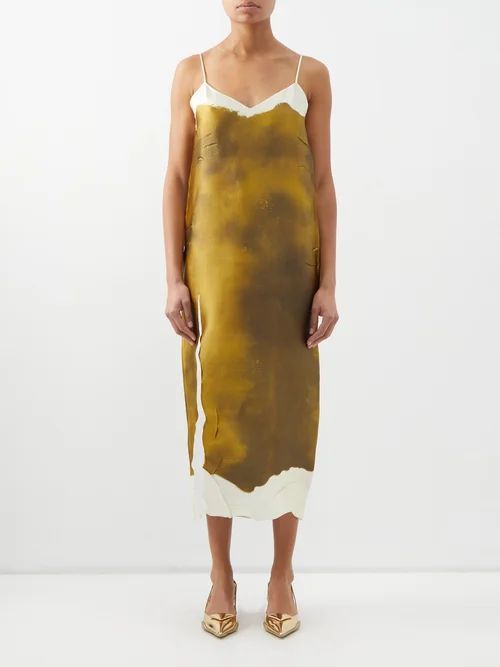 Paint-effect Print Silk-satin Slip Dress - Womens - Green Gold