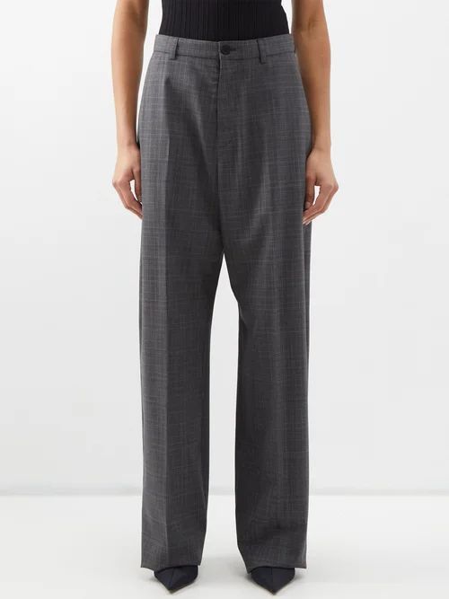Prince Of Wales-check Wide-leg Trousers - Womens - Grey