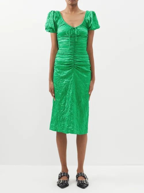 Ruched Crinkled-satin Midi Dress - Womens - Green