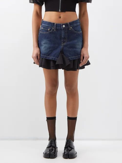 Ruffled-hem Denim Mini Skirt - Womens - Dark Denim