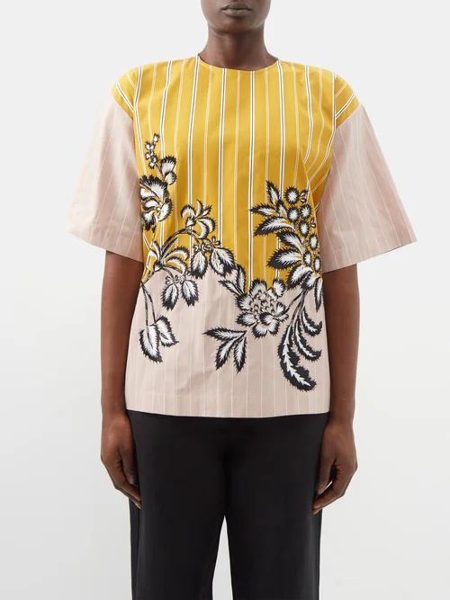 Salikawa Striped Floral-embroidery Cotton Top - Womens - Yellow Beige