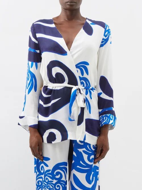 Thalasso Geometric-print Belted Jacket - Womens - Blue White