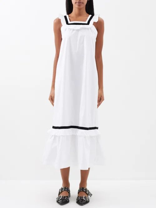 Yeva Flocked-trim Cotton-poplin Midi Dress - Womens - White Black