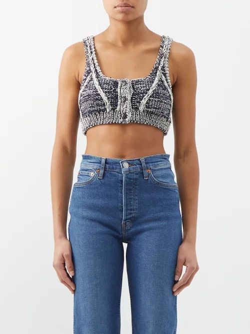 Knitted-cotton Bralette Top - Womens - Navy